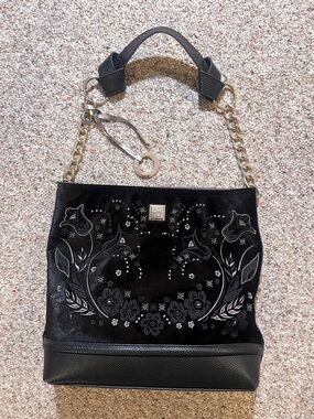 River Island Black Embroidered Velvet Tote Bag Shoulder Purse
